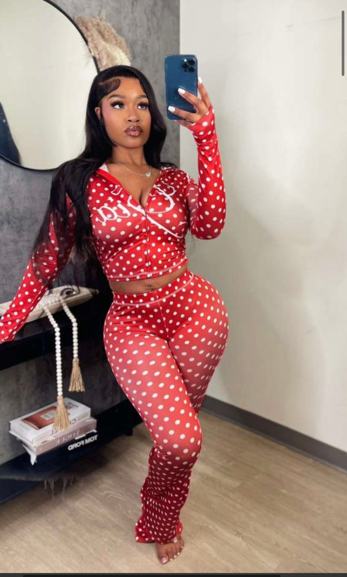 Dots Seam Line Zipper Hooded Pant Sets